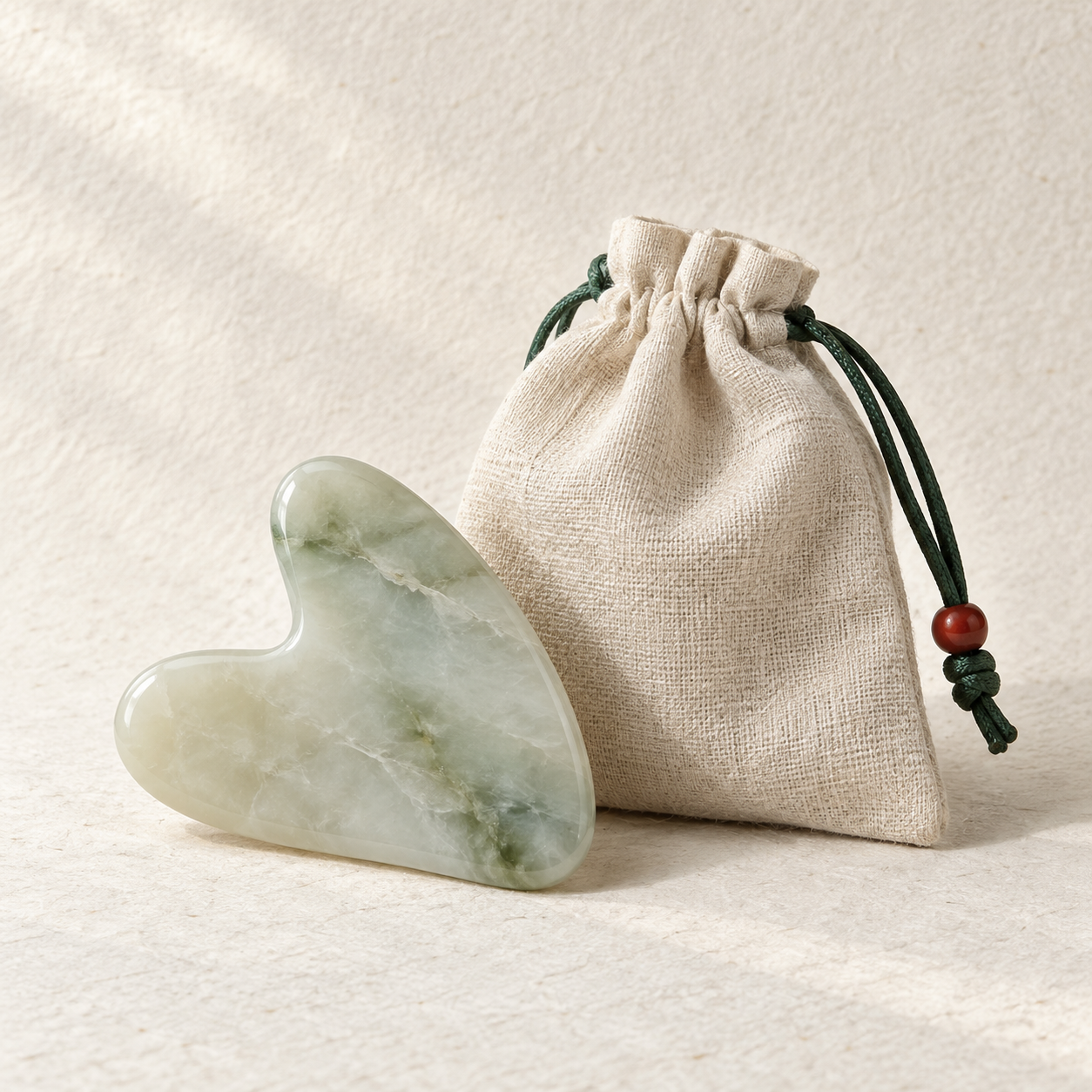 Concept image of a natural stone gua sha board with a linen pouch