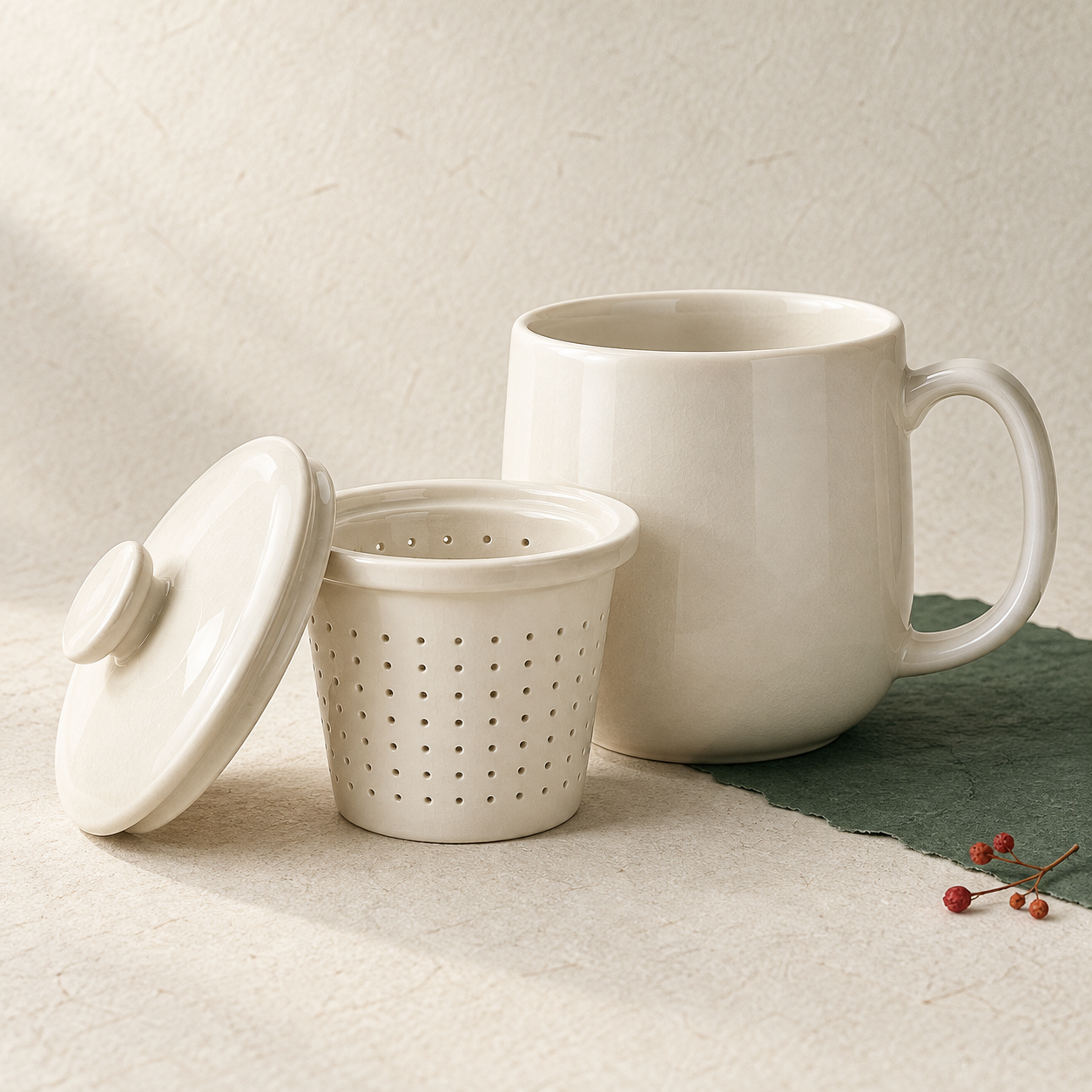 Concept image of a ceramic tea infuser mug with lid